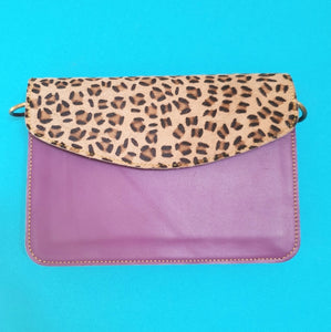 Nephele Leather Crossbody / Clutch Bag - Purple & Leopard