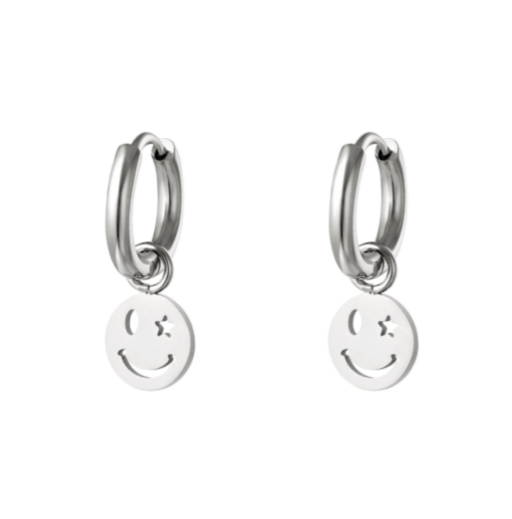 Huggie Hoops -  Smiley Face with star - Silver