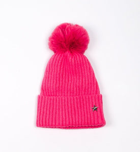 Pom pom Beanie Hat - Bright Pink with Star