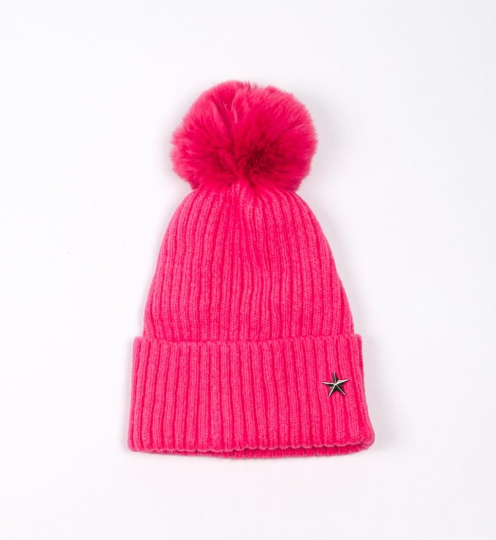 Pom pom Beanie Hat - Bright Pink with Star