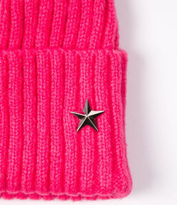 Pom pom Beanie Hat - Bright Pink with Star