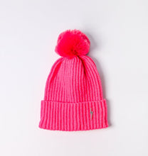 Load image into Gallery viewer, Pom pom Beanie Hat - Bright Pink with Lightning Bolt
