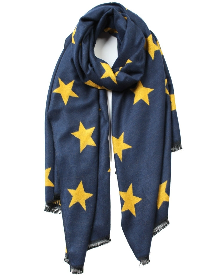 Star Print Reversible Cashmere Mix Scarf - Navy & Mustard Yellow