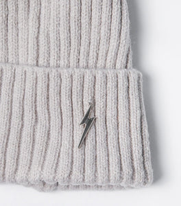 Pom pom Beanie Hat - Light Grey with Lightning Bolt