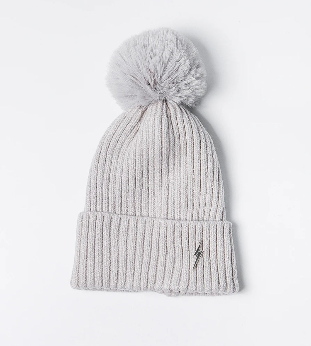 Pom pom Beanie Hat - Light Grey with Lightning Bolt