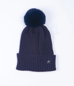 Pom pom Beanie Hat - Navy with Star