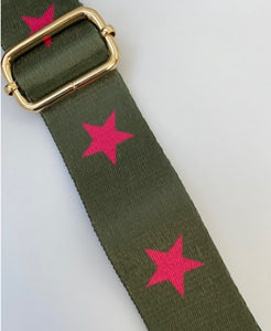 Bag Strap - Khaki with bright pink stars