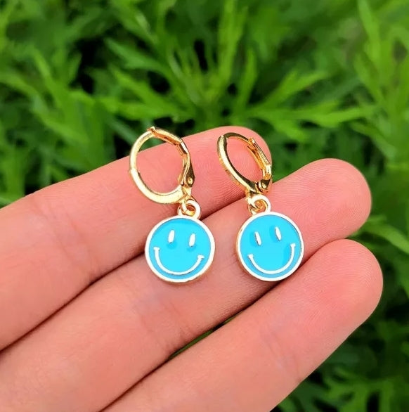 Huggie Hoops - Bright blue Smiley Face - Gold