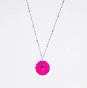 Lightning Bolt Circular Necklace - Bright Pink & silver