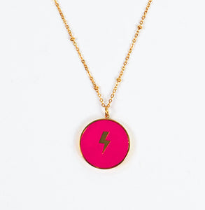 Lightning Bolt Circular Necklace - Bright Pink & Gold