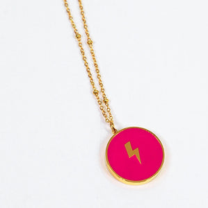 Lightning Bolt Circular Necklace - Bright Pink & Gold