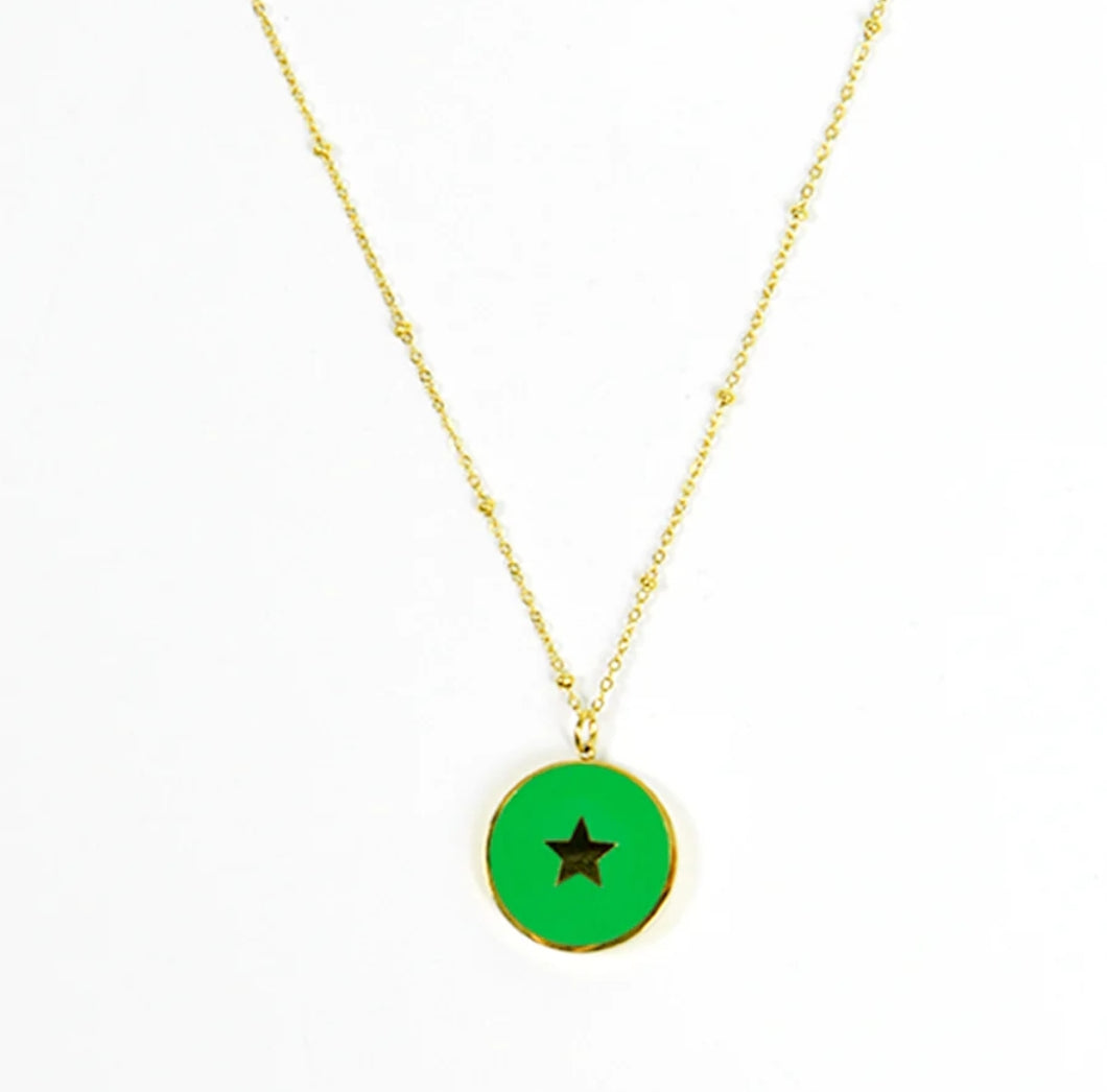 Star Circular Necklace - Bright Green & Gold