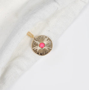 Circular Disc with Pink Stone Necklace - Gold