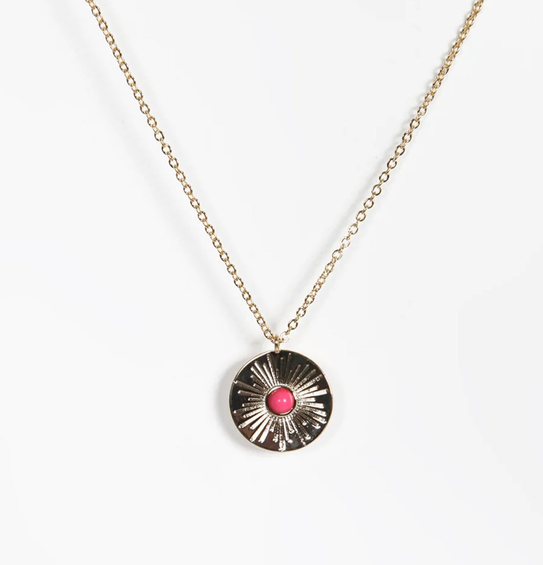 Circular Disc with Pink Stone Necklace - Gold