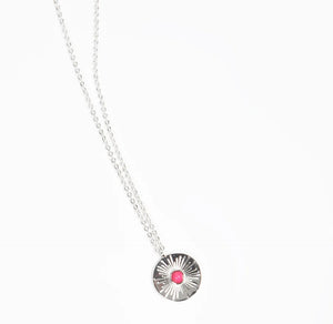 Circular Disc with Pink Stone Necklace - Silver