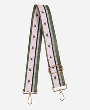 Load image into Gallery viewer, Bag Strap -Khaki with sparkly silver, black and pale pink stripe with mauve stars
