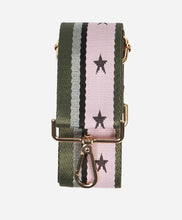 Load image into Gallery viewer, Bag Strap -Khaki with sparkly silver, black and pale pink stripe with mauve stars
