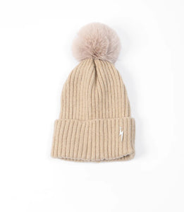 Pom pom Beanie Hat - Camel with Lightning Bolt