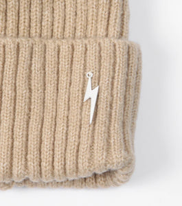 Pom pom Beanie Hat - Camel with Lightning Bolt