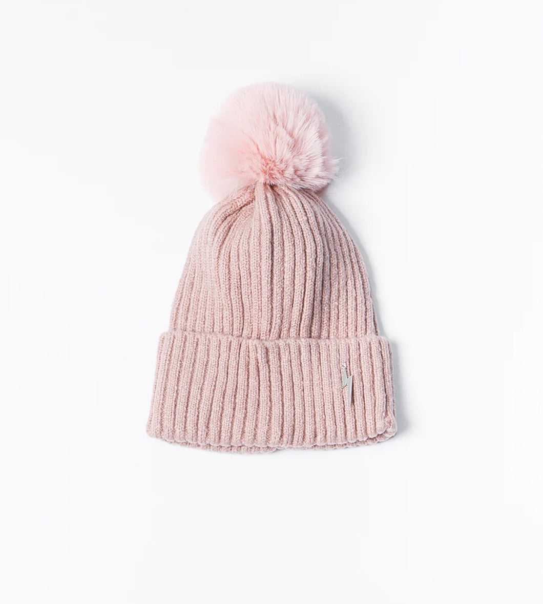 Pom pom Beanie Hat -  Dusky Pink with Lightning Bolt