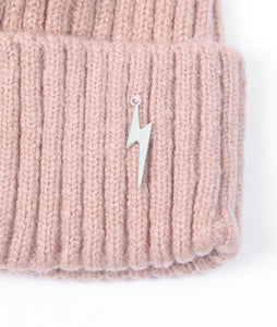 Pom pom Beanie Hat -  Dusky Pink with Lightning Bolt