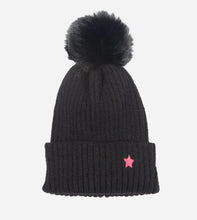 Load image into Gallery viewer, Pom pom Beanie Hat - Black with Hot Pink Star
