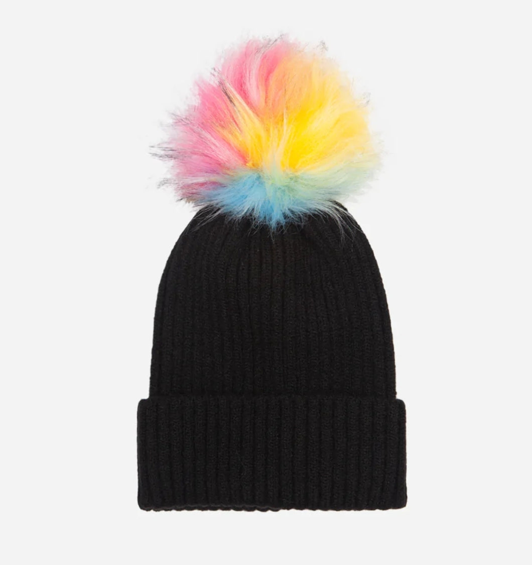 Pom pom Beanie Hat - Black with Multi Rainbow Pom Pom