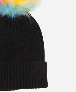 Pom pom Beanie Hat - Black with Multi Rainbow Pom Pom