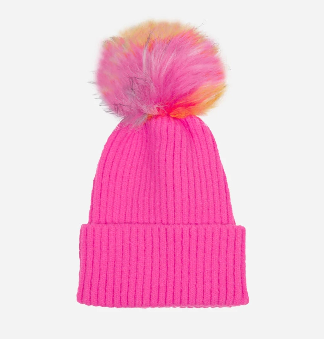Pom pom Beanie Hat Bright pink with Multi Rainbow Pom Pom