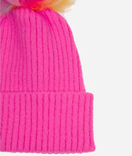 Load image into Gallery viewer, Pom pom Beanie Hat - Bright pink with Multi Rainbow Pom Pom
