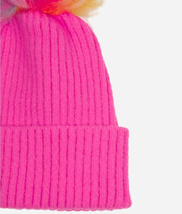 Pom pom Beanie Hat - Bright pink with Multi Rainbow Pom Pom