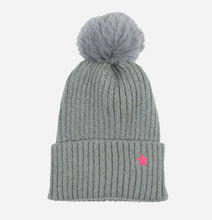 Load image into Gallery viewer, Pom pom Beanie Hat - Grey with Hot Pink Star
