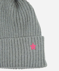 Pom pom Beanie Hat - Grey with Hot Pink Star