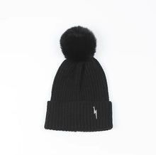 Load image into Gallery viewer, Pom pom Beanie Hat - Black with Lightning Bolt
