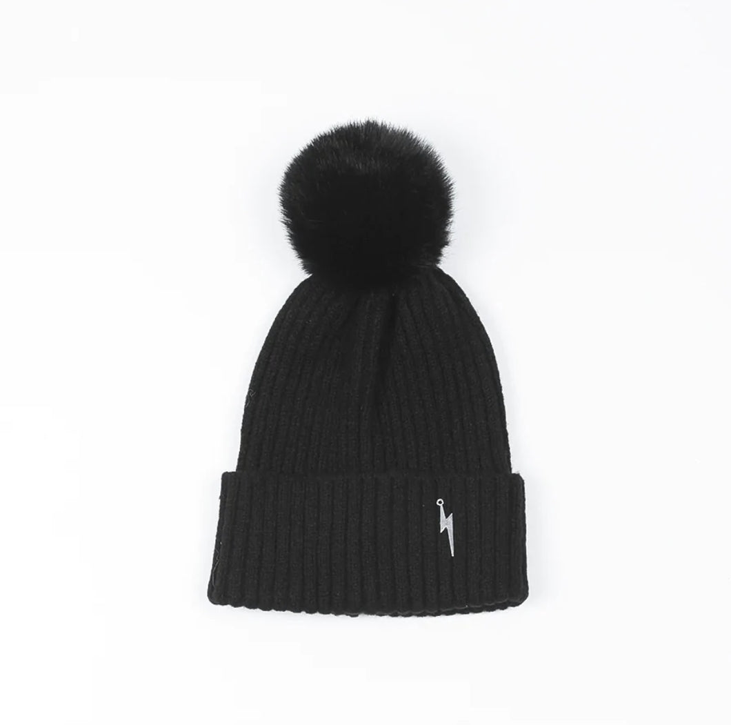 Pom pom Beanie Hat - Black with Lightning Bolt