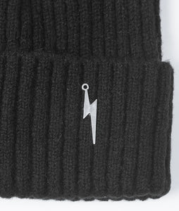 Pom pom Beanie Hat - Black with Lightning Bolt