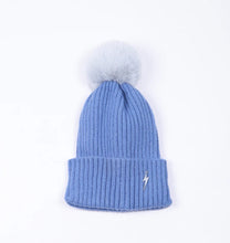 Load image into Gallery viewer, Pom pom Beanie Hat - Denim Blue with Lightning Bolt
