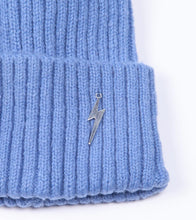 Load image into Gallery viewer, Pom pom Beanie Hat - Denim Blue with Lightning Bolt
