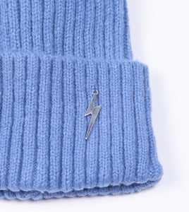 Pom pom Beanie Hat - Denim Blue with Lightning Bolt